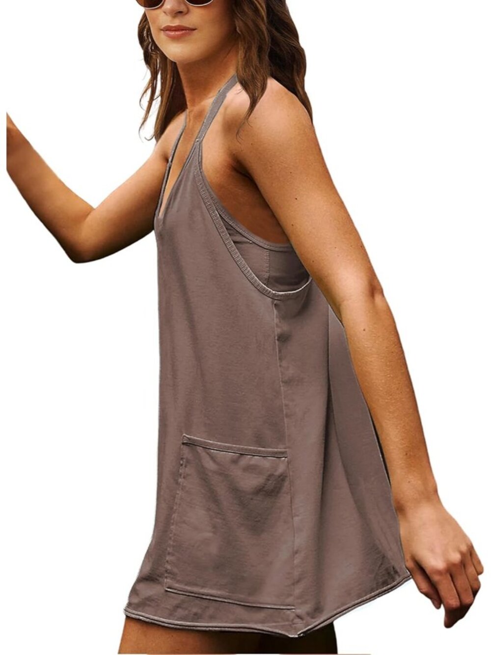 Women's Light Coffee Sleeveless V Neck Spaghetti Straps Built in Short Romper - Picture 4 of 5